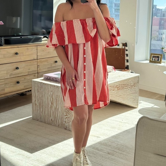 Faithfull the Brand Amalfi Rust-Red Striped Off-Shoulder Mini Dress • Size S - Picture 7 of 14